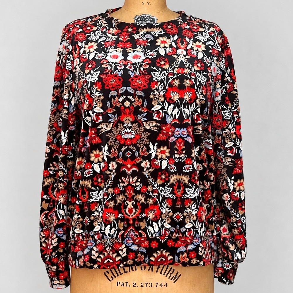LOFT Velvet Feel Floral Blouse L Puff Sleeve Boho Paisley Plush Stretch Top